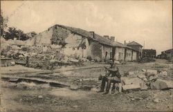 Soldier resting on the stone. Postcard