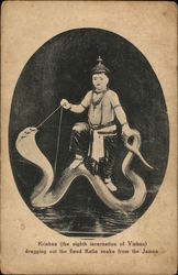 Krishna (the eighth incarnation on Vishnu) dragging out the fiend Kalia snake from the Jamma Postcard