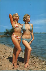 Two Women in Bikinis on Beach: "We Were Strolling Along" Swimsuits & Pinup Postcard Postcard Postcard