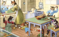 Dressed Cat Family in Kitchen Dressed Animals Postcard Postcard Postcard