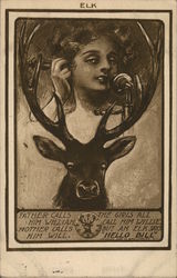 Young Woman on Phone Framed in Elk Antlers Elks Club Postcard Postcard Postcard