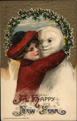 Woman Hugging Snowman Snowmen Postcard Postcard Postcard