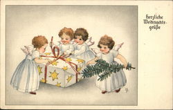 Four Angels in White Dresses Opening a Gift Postcard Postcard Postcard