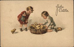 Frohe Ostern - Two Children Playing With Yellow Chicks in a Basket Postcard