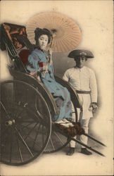 Japanese Woman in Rickshaw Holding Umbrella Near Man Wearing Hat Postcard