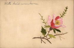 Embroidered Pink Rose with Green Leaves Embroidered Silk Postcard Postcard Postcard