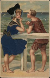 A Man in a Bathing Suit talking to a Woman in a Blue Dress Postcard Postcard Postcard