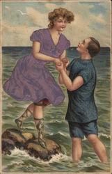 A Man Helping A Woman Across Rocks Couples Postcard Postcard Postcard