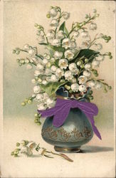 White Flowers in a Blue Vase tied with a purple ribbon Postcard