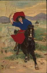 Young Woman on Horseback with Lasso in Air Postcard