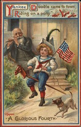 Boy Riding Stick Horse Holding American Flag Postcard