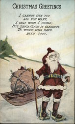 Santa Wearing Snowshoes with Bag of Toys on Sled Santa Claus Postcard Postcard Postcard