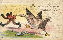 Large Goose Chasing Man Who is Running Away Black Americana Postcard Postcard Postcard