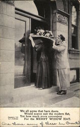 Man Standing Behind Woman With Hat Too Large for Doorway Comic, Funny Postcard Postcard Postcard