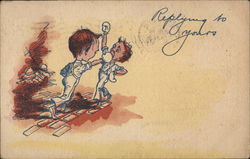 Two Boys Sparring - "Replying to Yours" Postcard