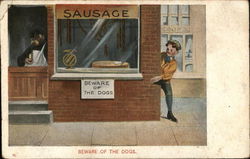 Boy Peering Around Corner of Sausage Shop Comic, Funny Postcard Postcard Postcard