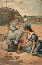 Girls in Blue at Bathing Beach with Starfish Postcard