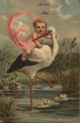 Blond Baby Riding on Stork's Back Storks Postcard Postcard Postcard