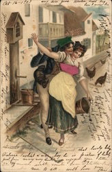 Man Nuzzling Woman with Pail near Chickens Postcard