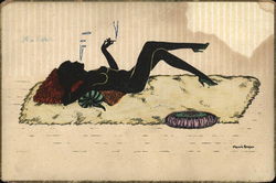 A Black Silhouette  Woman Laying on Rug Postcard