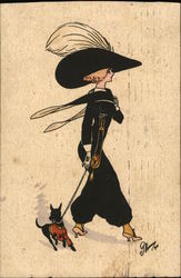 A Woman Wearing Black walking her dog. Postcard