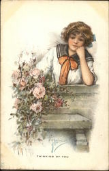 Young Woman Resting Head on Hand Near Roses Romance & Love Postcard Postcard Postcard