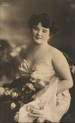 Dark-Haired Woman in Formal Gown with Roses Postcard