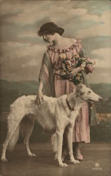 Woman in Pink Beside Large White Dog Postcard