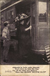 Man Behind Woman in Large Hat Climbing Aboard Train Postcard