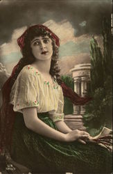 Young Woman in a White Blouse and Green Skirt Postcard