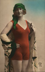 A Woman in a Red Swimwear Art Deco Postcard Postcard Postcard