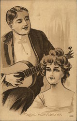 Man With Guitar Serenading Young Woman Couples Postcard Postcard Postcard