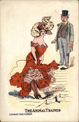 Woman in Red Dress Holding Whip as Man Looks at Her Postcard