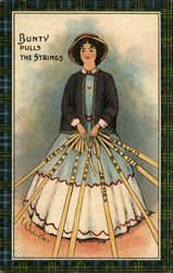 Woman in Bonnet and Jacket Holding Strings with Names on Them Postcard