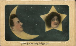 Moon with Man's Face, Star with Woman's Face Romance & Love Postcard Postcard Postcard