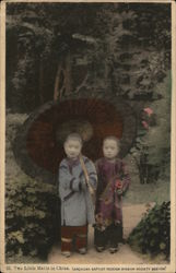 Two Young Girls with Large Parasol China Postcard Postcard Postcard