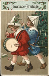 Two Children Marching, Playing Toy Instruments Postcard