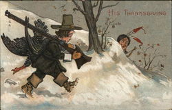 His Thanksgiving - Pilgrim carrying turkey with Indian watching Postcard