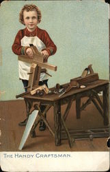 Boy Wearing Apron with Wood, Tools and Workbench Postcard