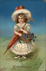 Young Girl in Dress Holding Umbrella and Basket of Grapes Girls Postcard Postcard Postcard