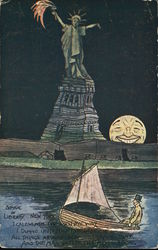 Man in Boat Near Statue of Liberty and Smiling Full Moon Postcard