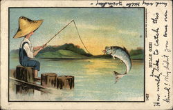 Boy Wearing Hat with Large Fish on end of Fishing Line Postcard Postcard Postcard