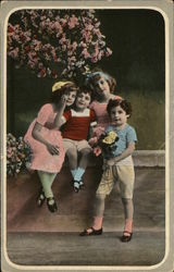 Four Children Near Flowering Bush Postcard Postcard Postcard