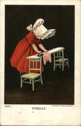 Little Girl in a red dress and white bonnet ironing Sunbonnet Babies Postcard Postcard Postcard