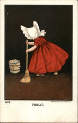 Little Girl Cleaning with Broom and Bucket of Water Sunbonnet Babies Postcard Postcard Postcard