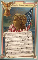 Eagle on Liberty Bell, American Flag, Female Statue Head and Sheet Music Postcard