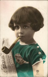 A Young Child Smoking a Pipe Children Postcard Postcard Postcard