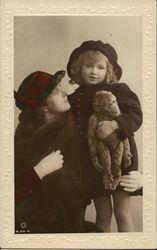 Woman with Her Arm Around a Little Girl with stuffed Monkey Postcard