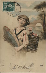 Girl Holding Fish with Basket of Flowers on Her Back April Fools Day Postcard Postcard Postcard