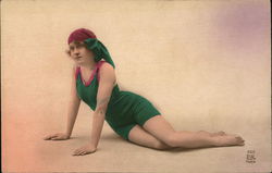 Woman in old fashioned bathing suit Art Deco Postcard Postcard